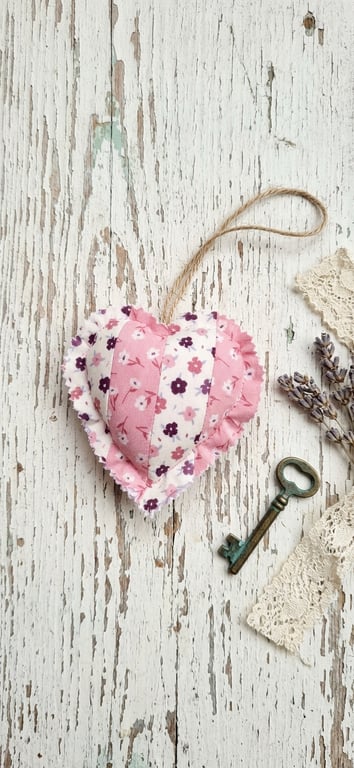 Handmade Lavender Scented Hanging Heart - Reversible Pink Patchwork & Blue Flora
