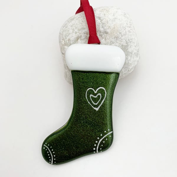 Fused Glass Christmas Stocking Hanging Decoration (Green)