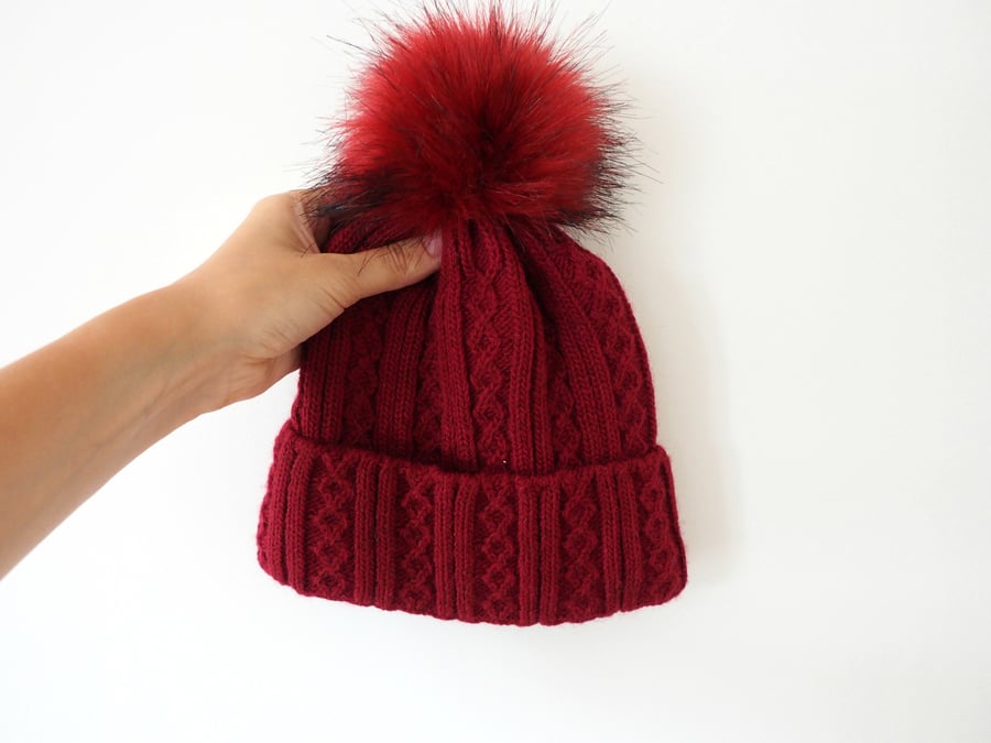 READY TO SHIP Faux Fur Pom Pom Knitted Wool Hat Dark Red Cables Beanie Fleece