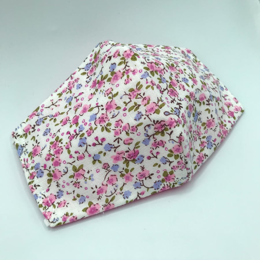 Pink and Lilac Floral Triple Layered Face Mask. Double Sided. 100% Cotton Fabric