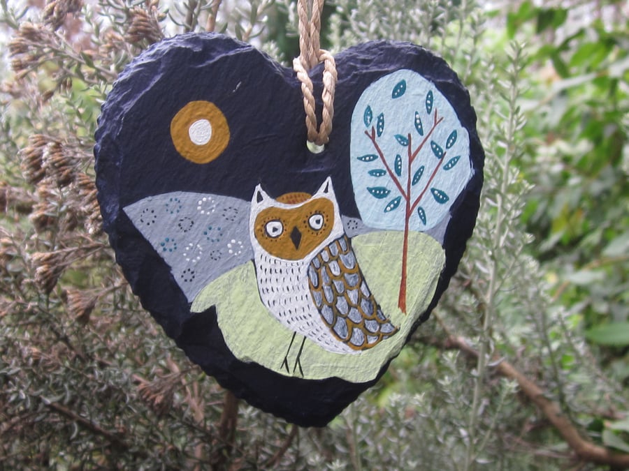 Slate Hanging Heart..Original illustration owl in Landscape
