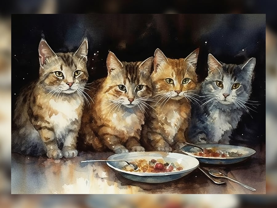 Charming Cat Quartet Watercolor Print 5x7 - Perfect Pet Lover Gift