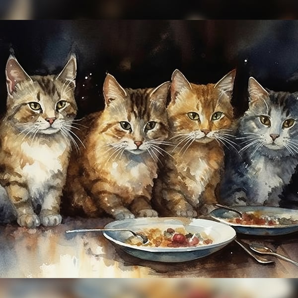 Charming Cat Quartet Watercolor Print 5x7 - Perfect Pet Lover Gift