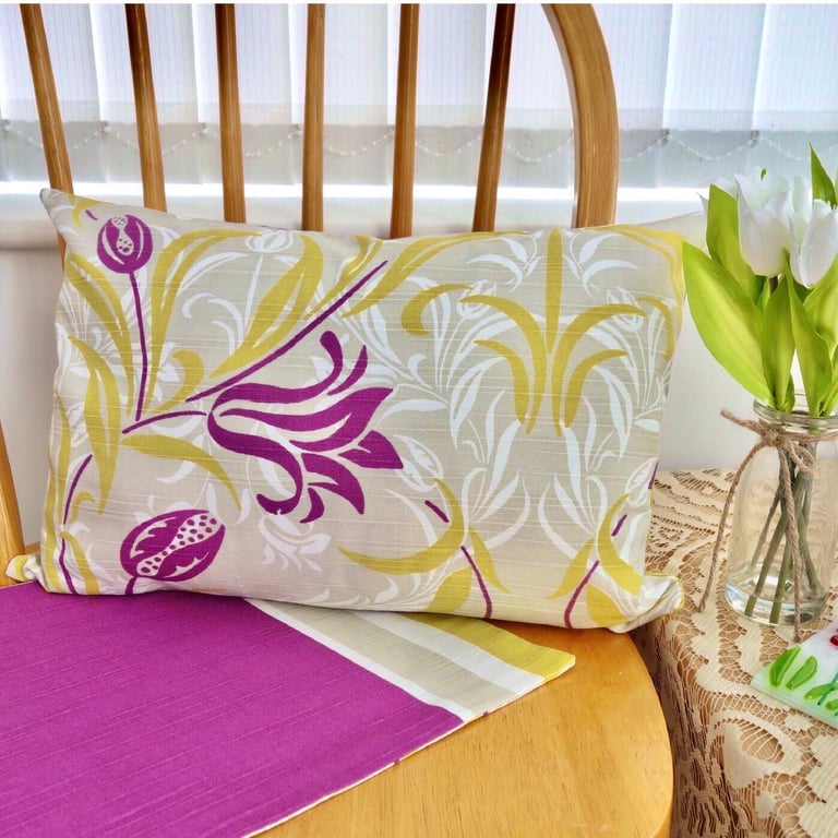 Cushion: oblong Purple Floral with coordinating Stripe Reverse & Pad