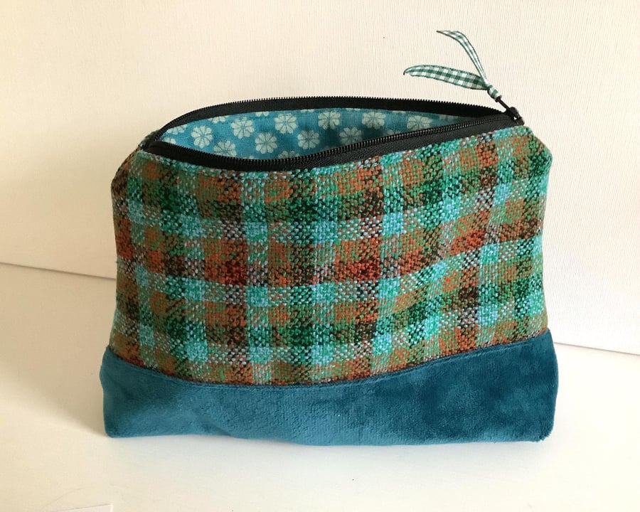 Cosmetic Bag with Vintage Tweed Fabric - Boho Patchwork Makeup Bag or Pouch