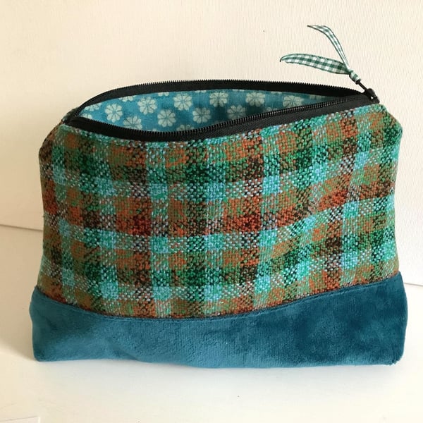 Cosmetic Bag with Vintage Tweed Fabric - Boho Patchwork Makeup Bag or Pouch