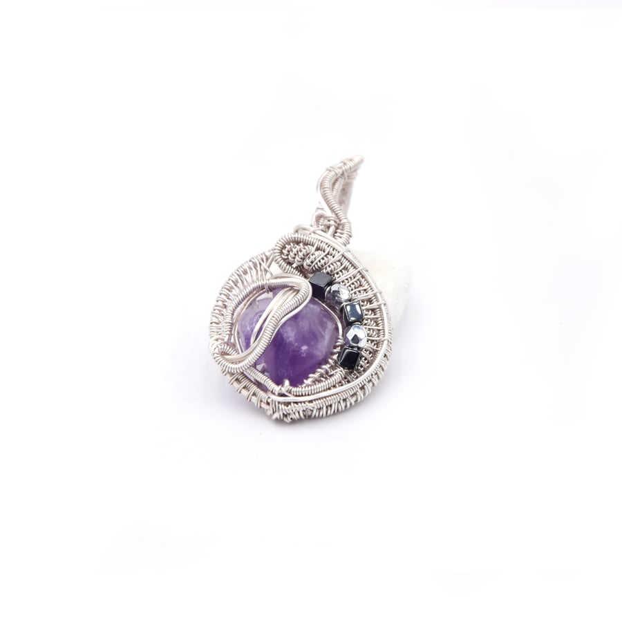 Pendant - silver plated wire wrapped amethyst