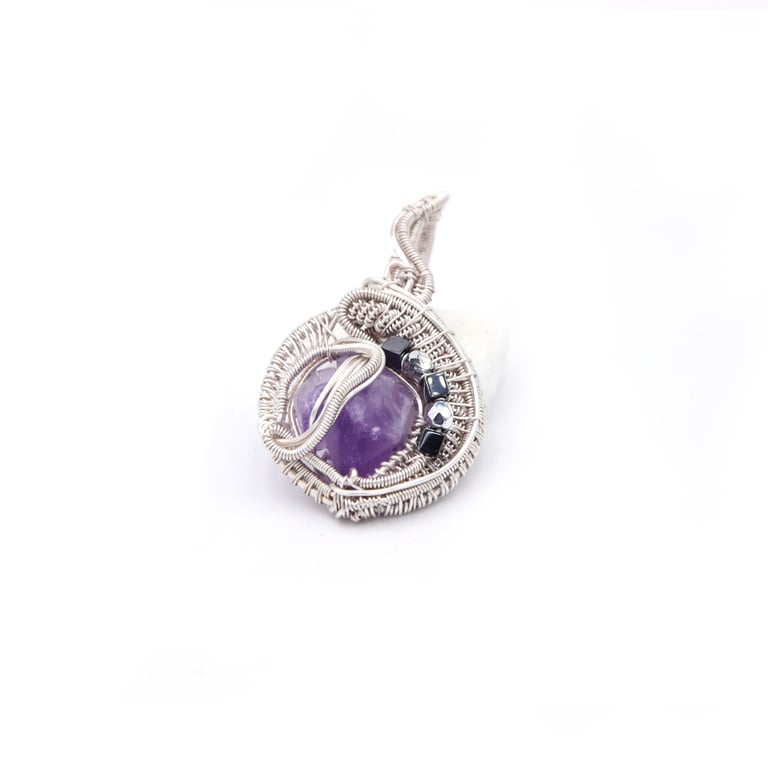 Pendant - silver plated wire wrapped amethyst