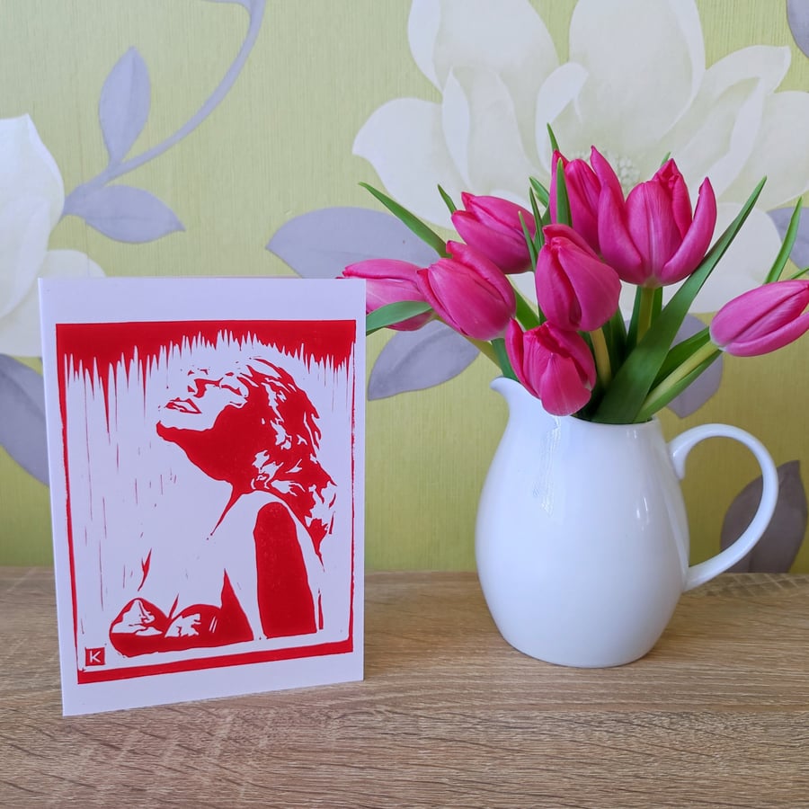 You're fabulous! Luxury handmade original lino print red woman retro card blank
