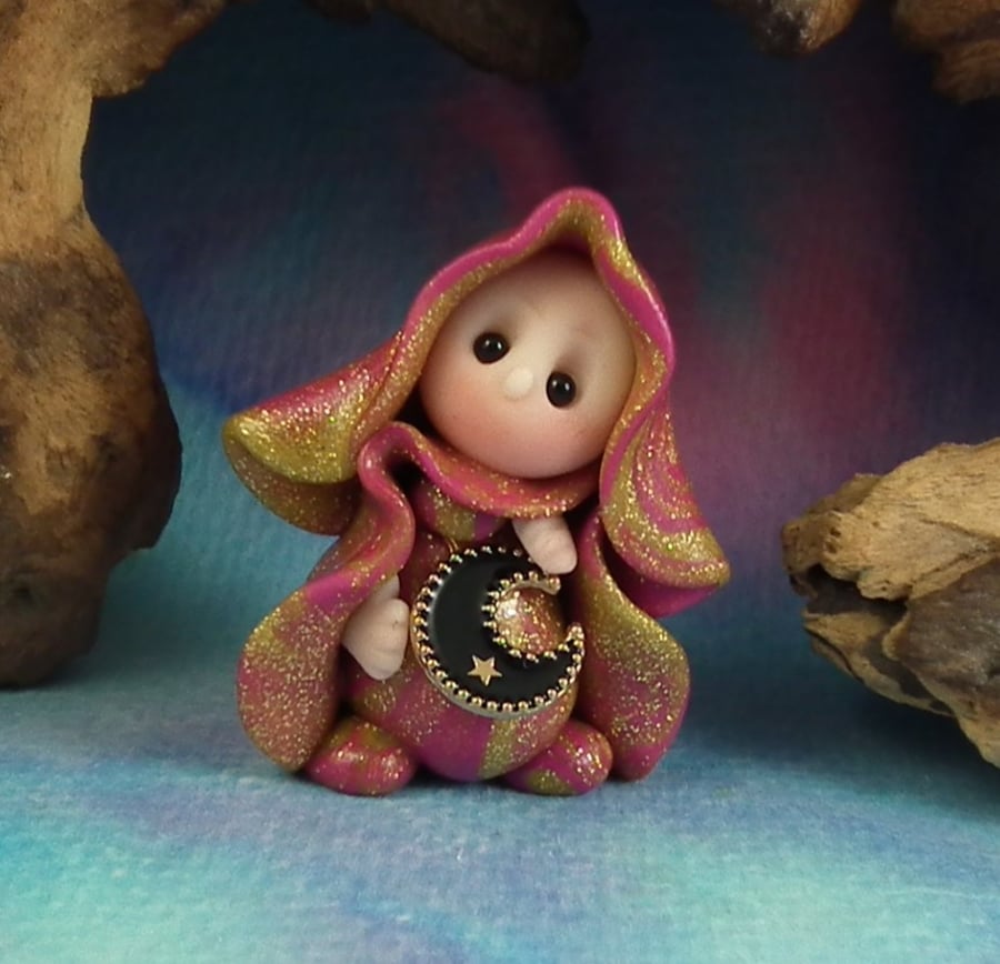 Summer Special Tiny Astronomer Gnome 'Onyx' 1.5" OOAK Sculpt by Ann Galvin