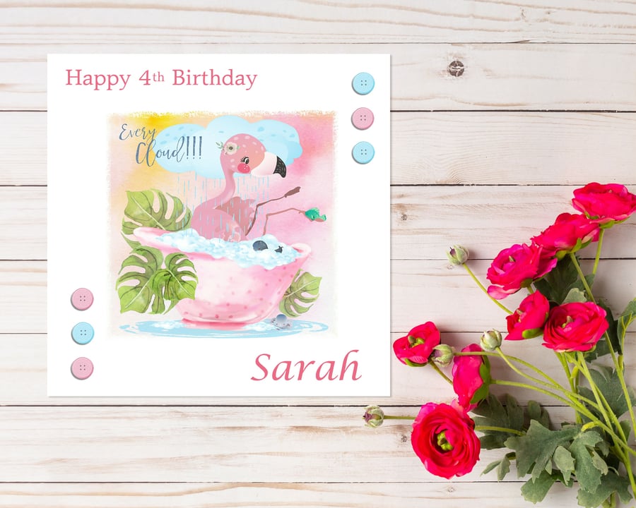 Personalised Every Cloud Cute Flamingo Children's Birthday Card