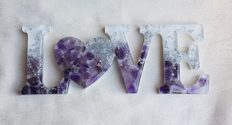 Beautiful Amethyst and Resin LOVE Sign - Shelf Sitter - Ornament.