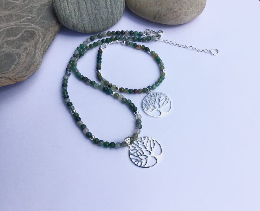 Sterling Silver and Green Moss Agate Necklace and Bracelet with Tree Charms,  S5