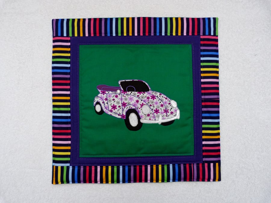 Applique and Quilted VW Cabriolet Beetle Cushion Cover in Purple and Green