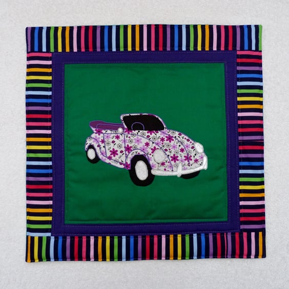 Applique and Quilted VW Cabriolet Beetle Cushion Cover in Purple and Green