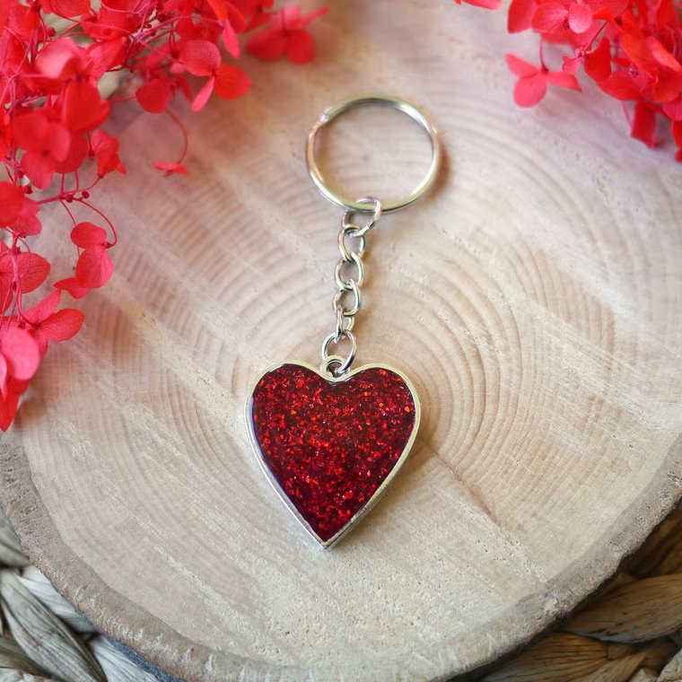 Sparkly Red Heart Keyring - Silver Edition
