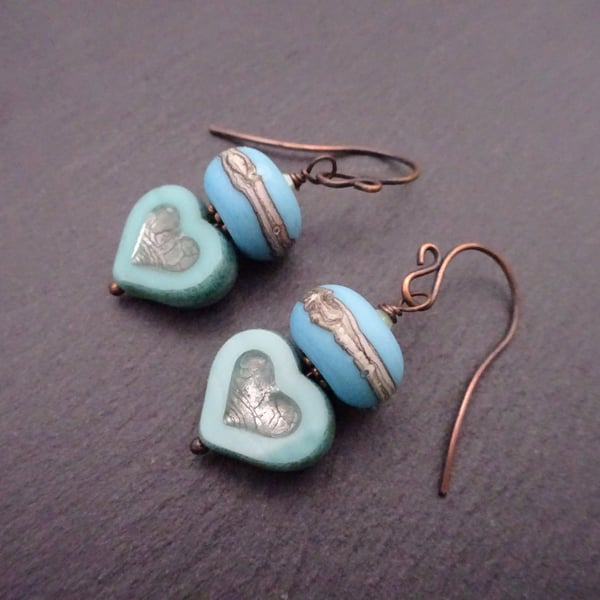 copper earrings, blue lampwork glass hearts