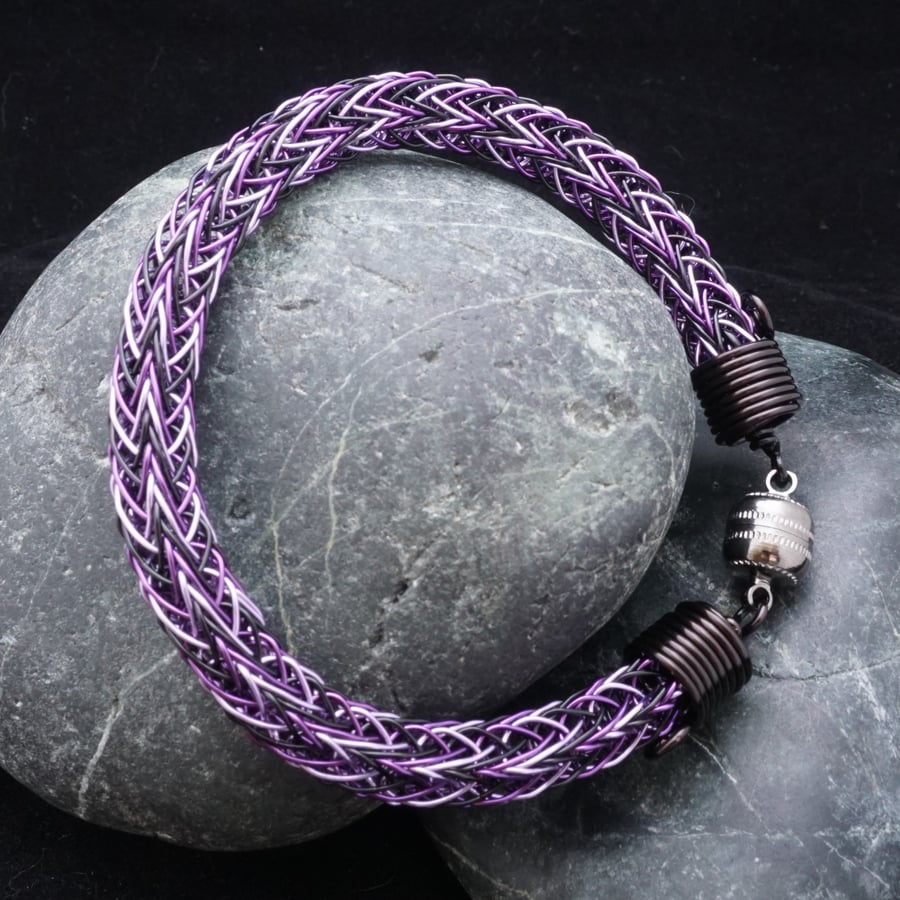 Tri-colour Viking Double Knit Bracelet - Purple, Lilac & Black