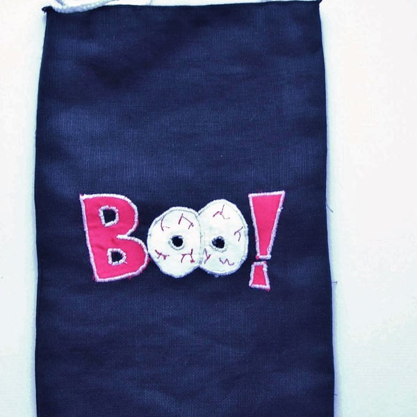 Trick or Treat Linen Goodie Bag, Lined, 'BOO!' Applique and Nylon Cord Handles