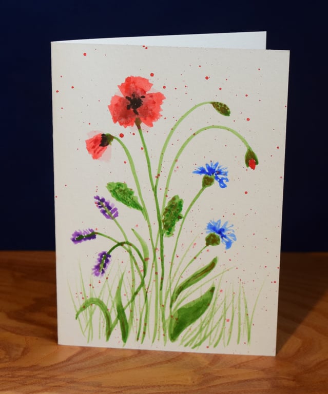 Wildflowers - poppies, cornflower, lavender. Watercolour greeting card