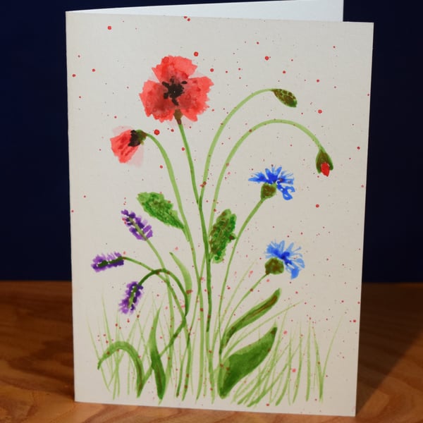 Wildflowers - poppies, cornflower, lavender. Watercolour greeting card