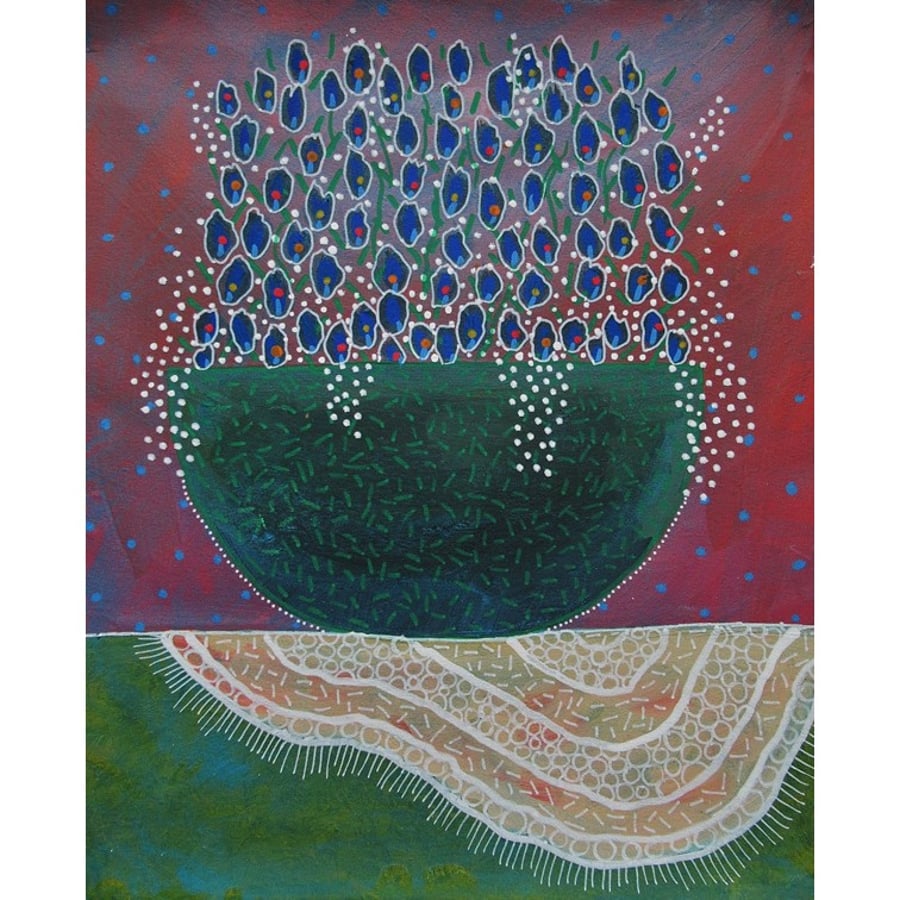 Floral Still Life Painting Blue Flowers In Vase Original Abstract Botanical Art