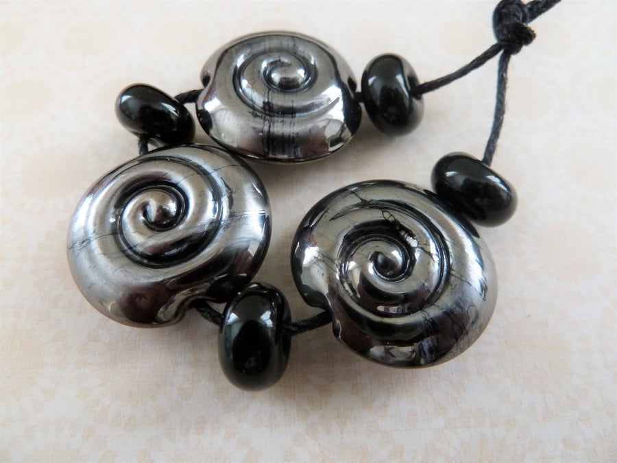 handmade lampwork glass beads, silver spiral set