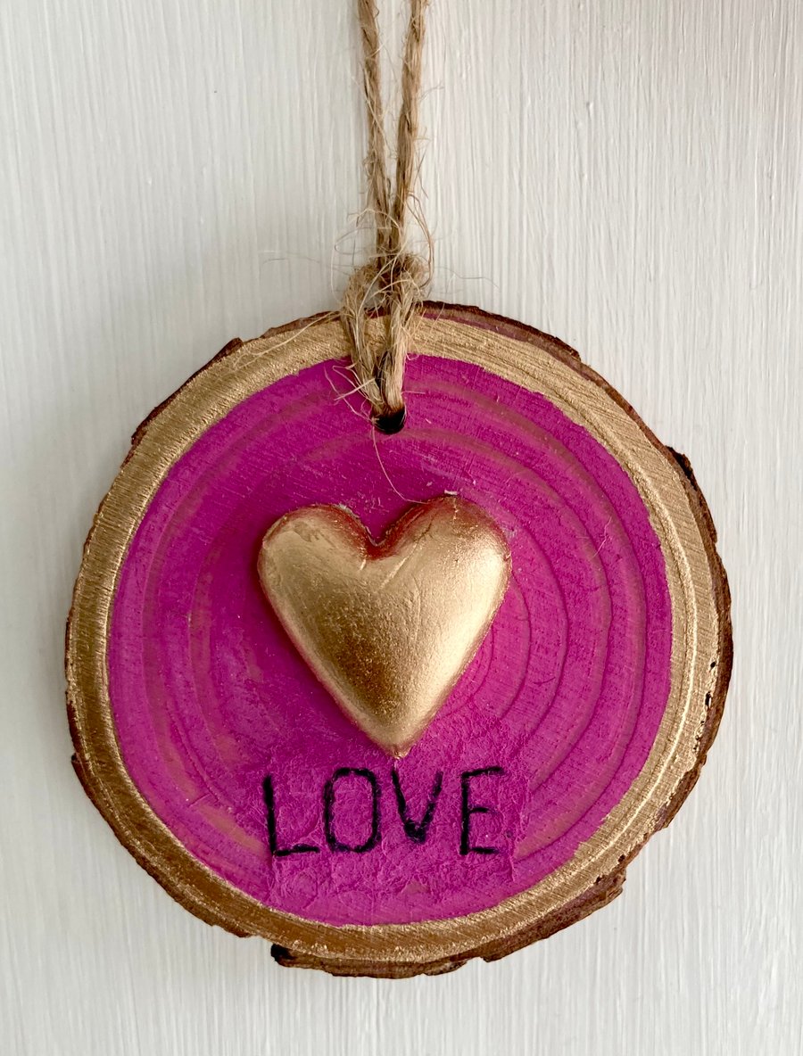Gold Heart Wood Slice Hanging Decoration Hand Crafted Gift With Word Love