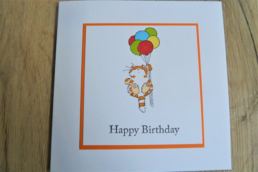 cat with balloons, happy birthday card