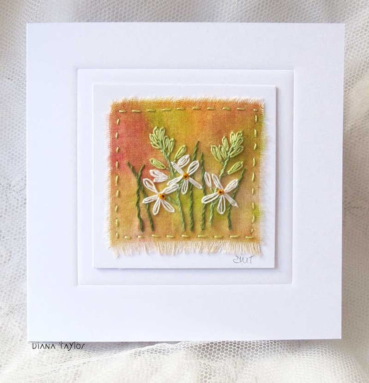 HAND EMBROIDERED FLORAL GREETING CARD HAND DYED FABRIC