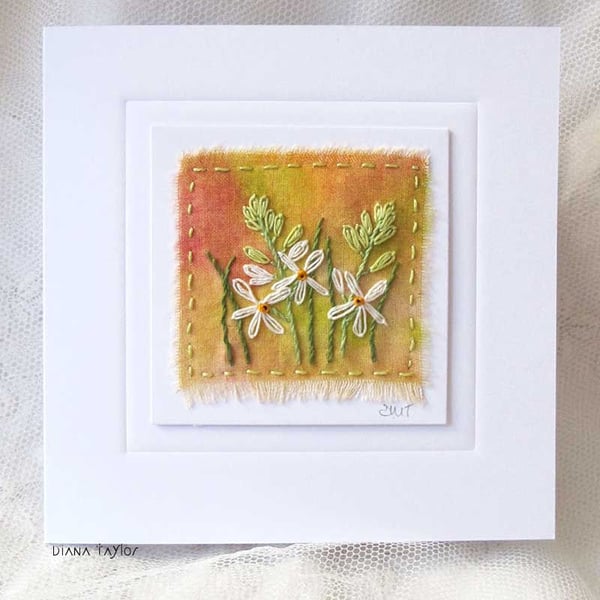 HAND EMBROIDERED FLORAL GREETING CARD HAND DYED FABRIC