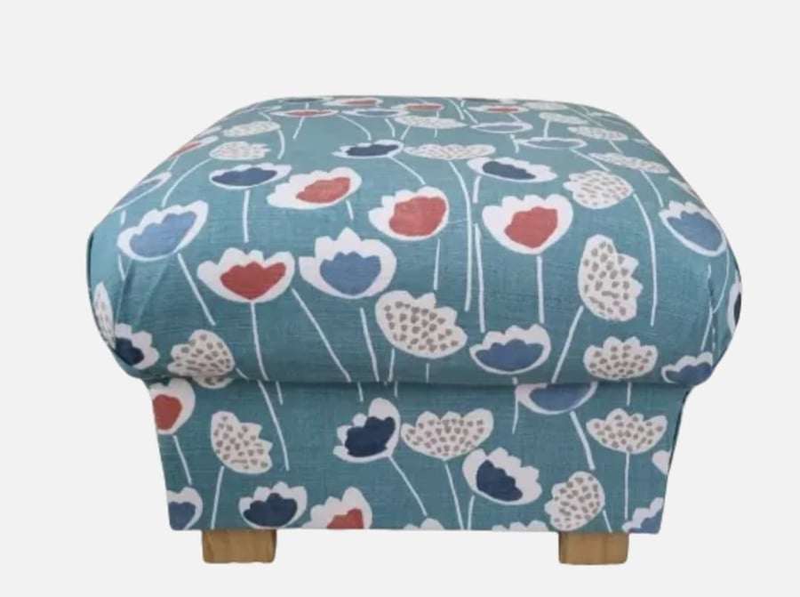 Storage Footstool Prestigious Clara Scandi Floral Fabric Pouffe Blue Ottoman