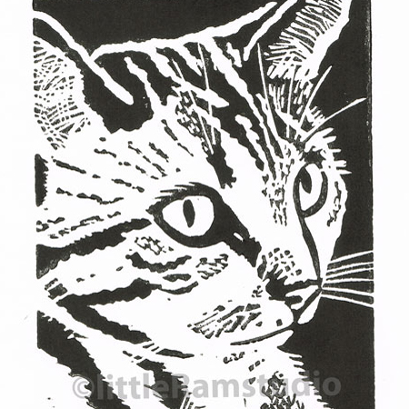 Thoughtful Tabby Cat - Original Hand Pulled Linocut Print