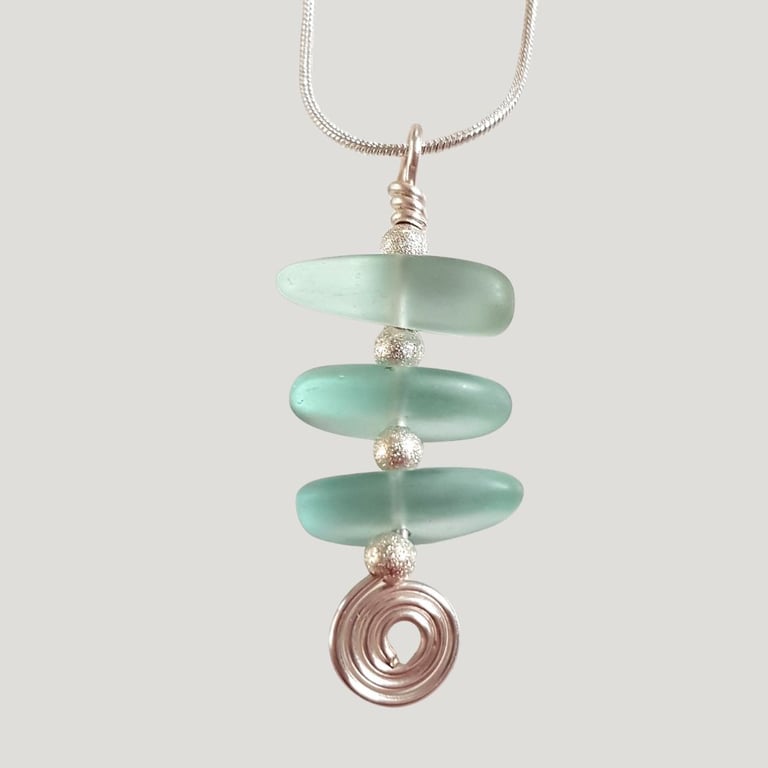 Sea Glass Pendant Necklace - Stacked Aqua Glass and Silver Wire Spiral