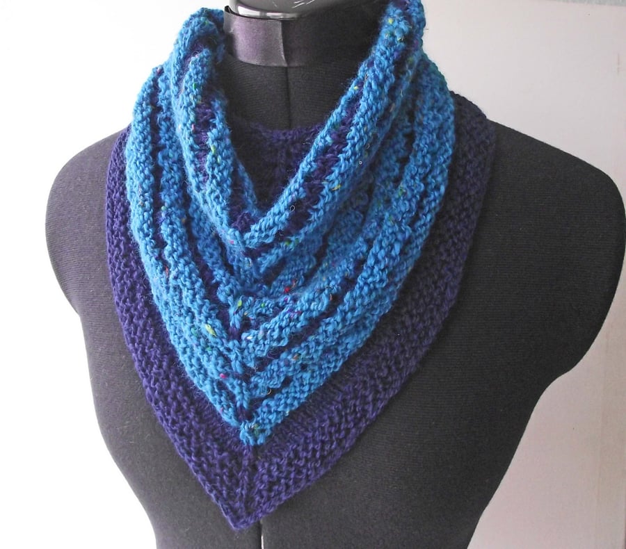 Handspun Knitted Merino & Silk Kerchief Cowl, Blue, Turquoise