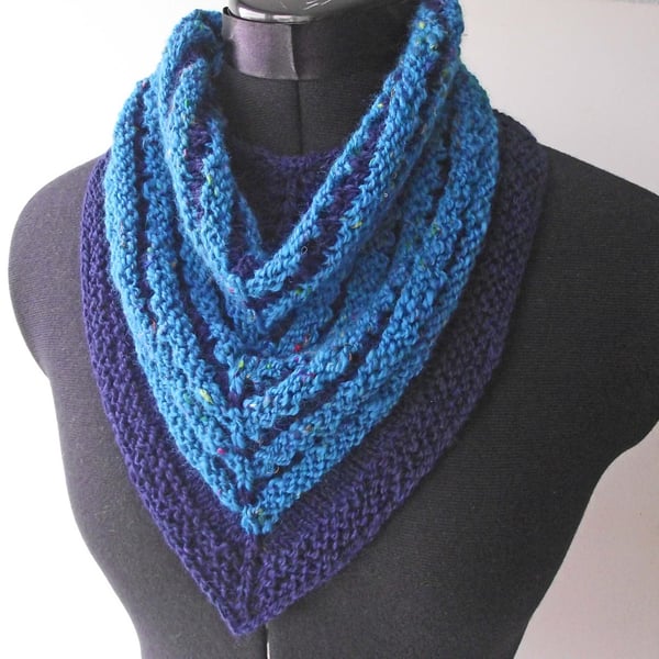 Handspun Knitted Merino & Silk Kerchief Cowl, Blue, Turquoise