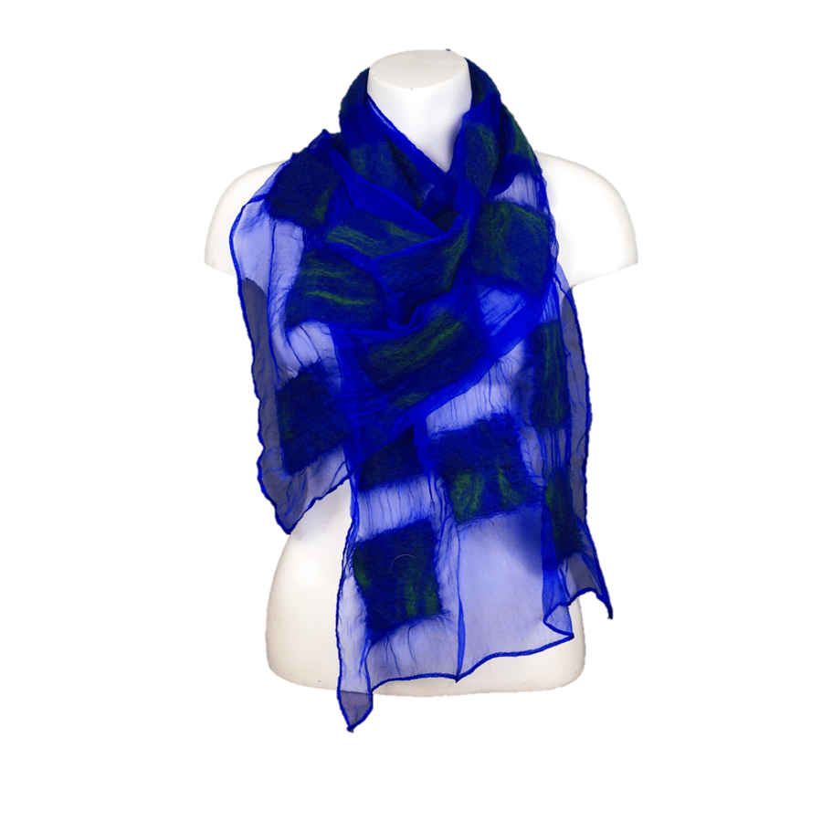 Nuno felted scarf, blue silk chiffon with merino wool square panels
