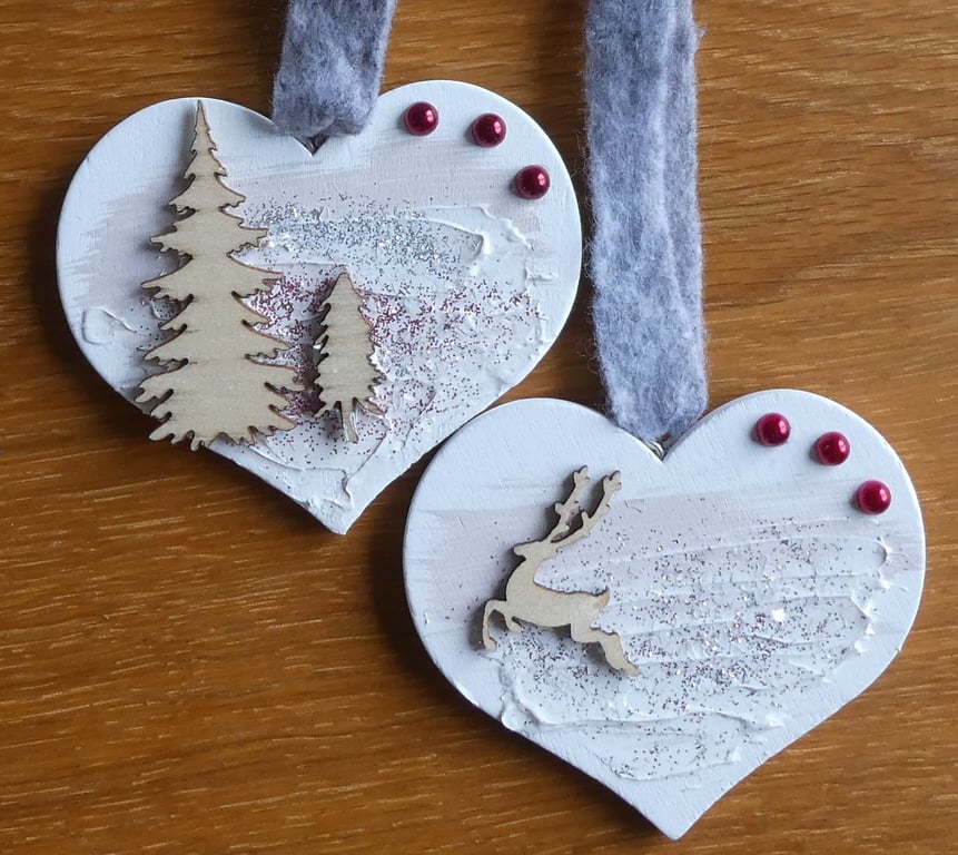 Pair of Hanging Heart Christmas Decorations - Pink