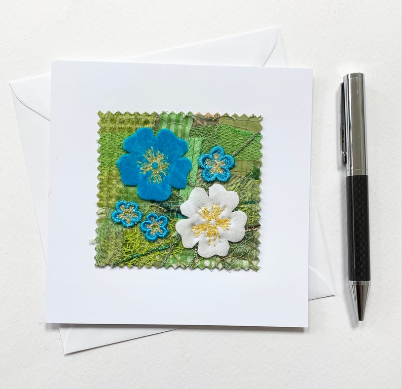 Up-cycled embroidered spring primrose garden card small artwork. 