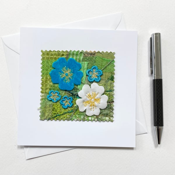 Up-cycled embroidered spring primrose garden card small artwork. 