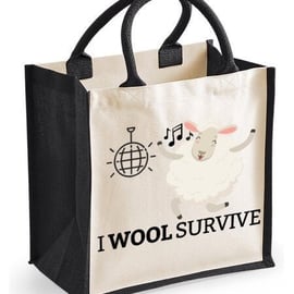 I Wool Survive Midi Jute Shopper Canvas Lunch Bag Cute Wool Knitting Theme Gift