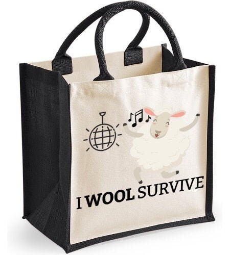 I Wool Survive Midi Jute Shopper Canvas Lunch Bag Cute Wool Knitting Theme Gift