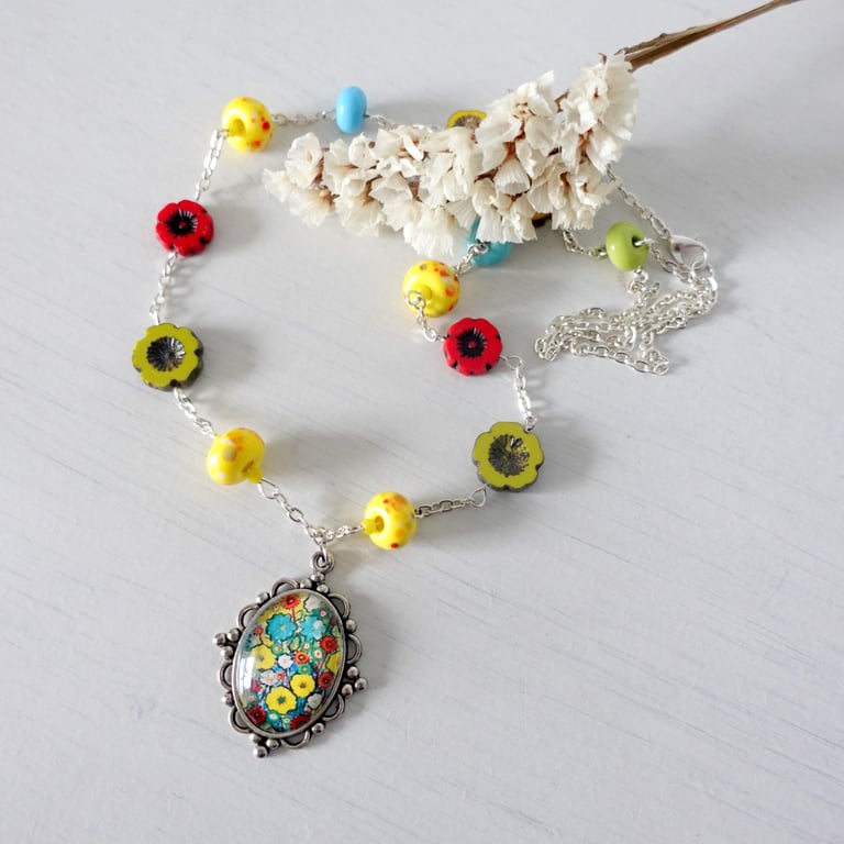 Meadow Pendant with Floral Art Print, Colourful Wild Flowers Necklace 