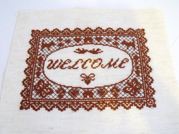 brown welcome cross stitch for a new home or house warming gift