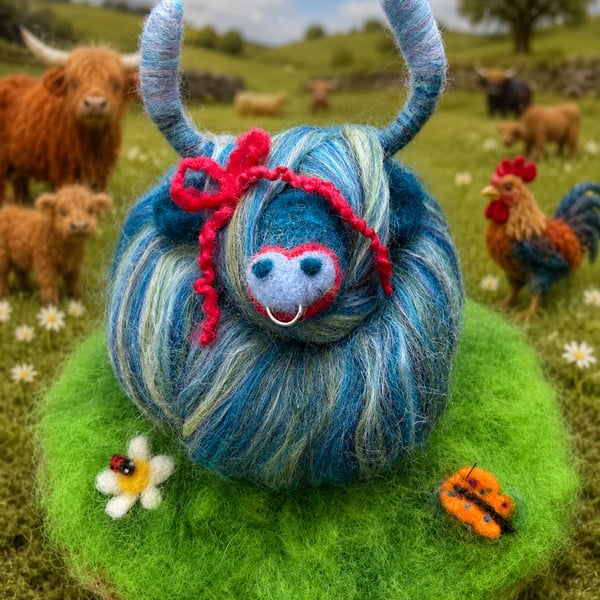 Needle Felted Colourful Highland Cow