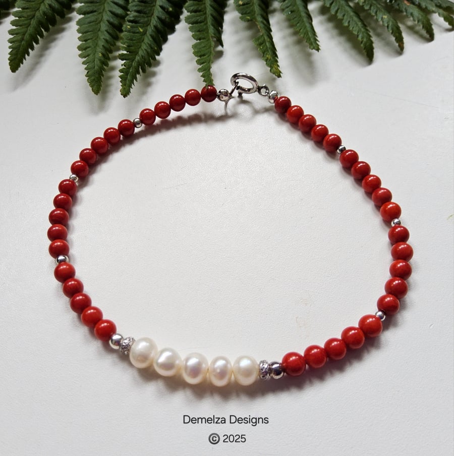 Bamboo Eco Coral & Freshwater Culture Pearls Sterling Silver Bracelet 