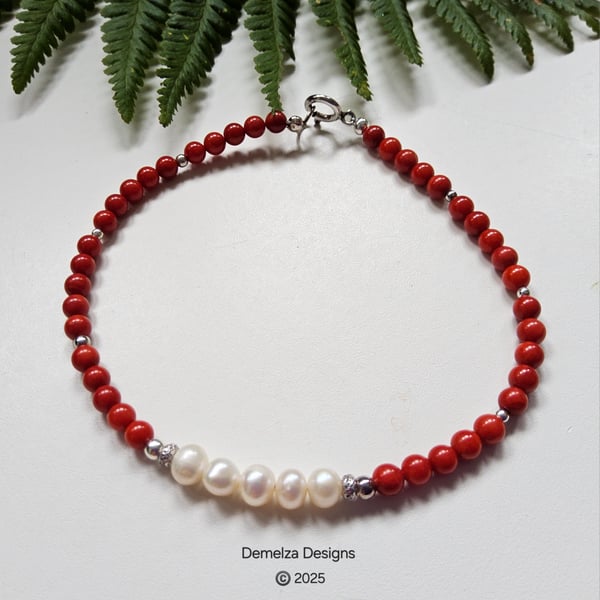Bamboo Eco Coral & Freshwater Culture Pearls Sterling Silver Bracelet 