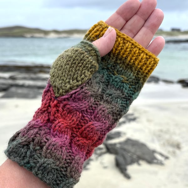 Hand knitted fingerless gloves in cable stitch pattern     GORSE 
