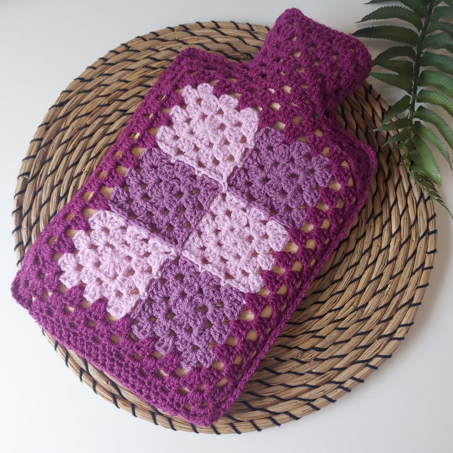  Crochet Hot Water Bottle Cover Patchwork  Purple 