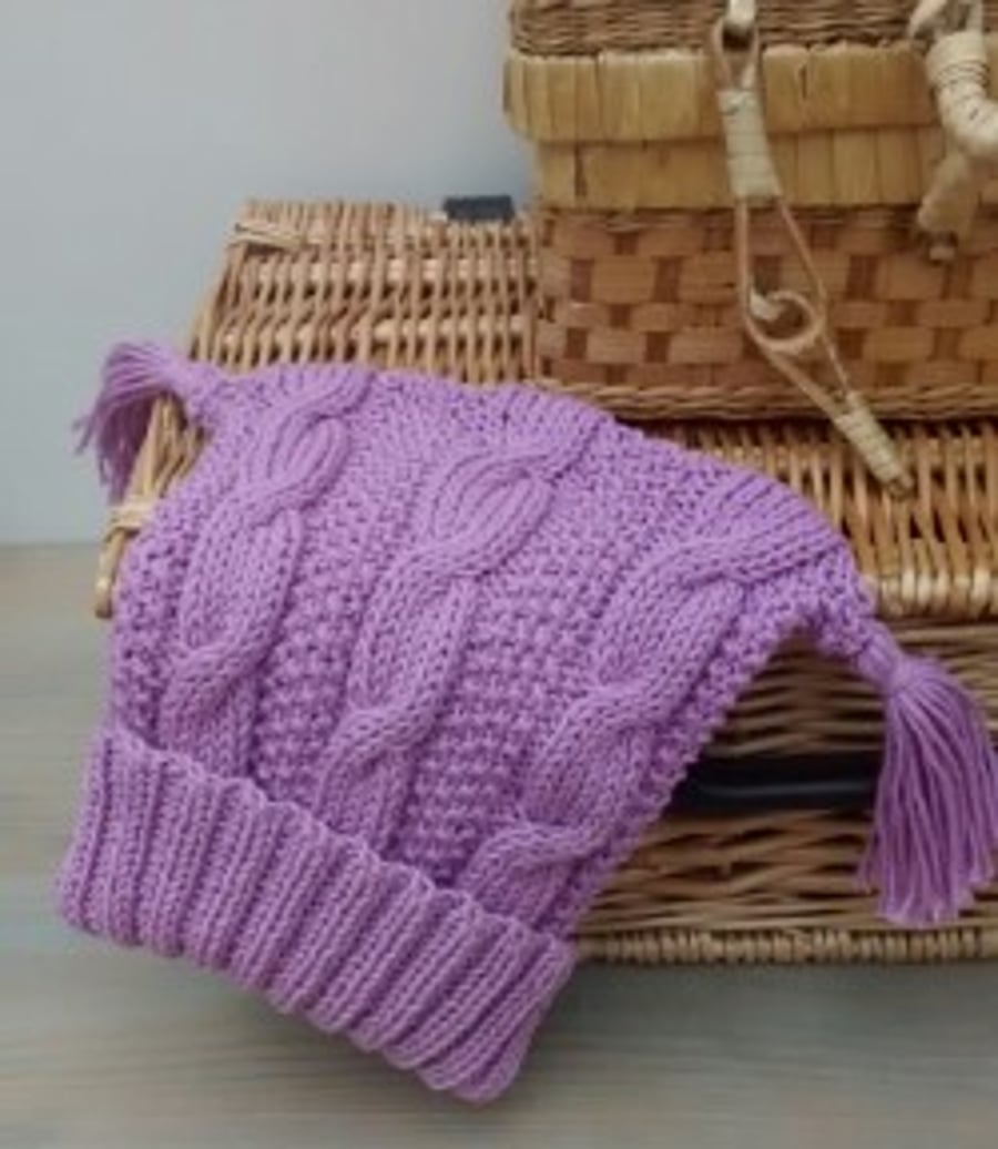 Lilac Baby Hat in Cable Knit with Tassels, 3 - 6 months 